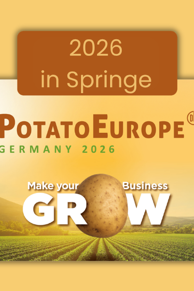 Header für die News zur PotatoEurope 2026 mit dem Logo der Veranstaltung und mit dem Text: 9.-10. September, Rittergut Gesthof1, Springe bei Hannover; besuchen Sie unst! Freigelände Gras, Stand GB 120