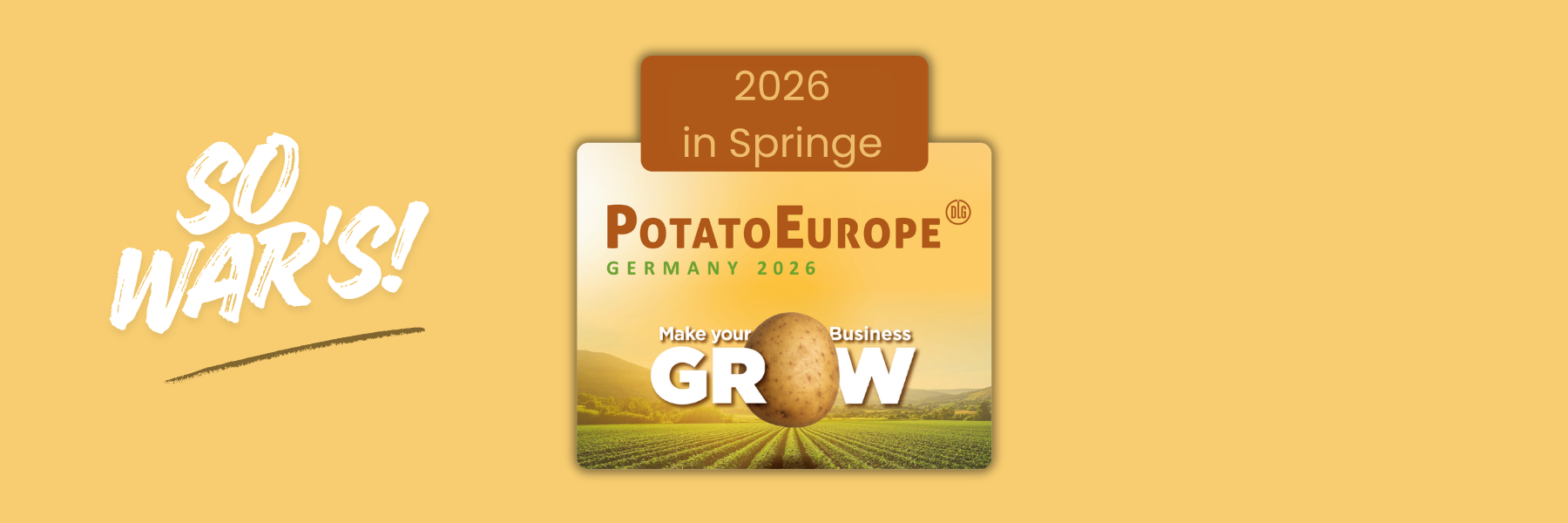 Header für die News zur PotatoEurope 2026 mit dem Logo der Veranstaltung und mit dem Text: 9.-10. September, Rittergut Gesthof1, Springe bei Hannover; besuchen Sie unst! Freigelände Gras, Stand GB 120